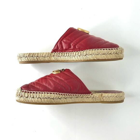 Gucci Marmont GG Hibiscus Red Leather Slip On Mules Espadrille Flats 37 - Picture 7 of 11